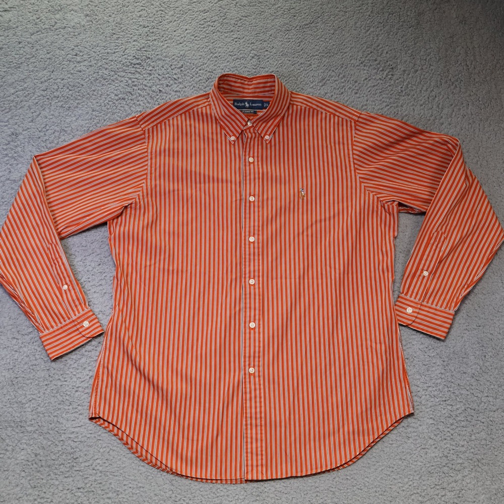 Ralph Lauren Mens Large Classic Fit Orange Striped Cotton Button Down Shirt L